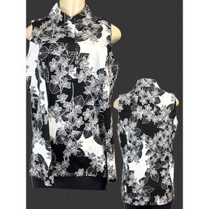 Jessica London 12W Black White Floral Sleeveless Button Placket Collar Shirt